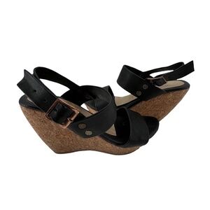 Via Modany Black Cork Platform Wedge Ankle Strap Sandals Size 37 Women’s